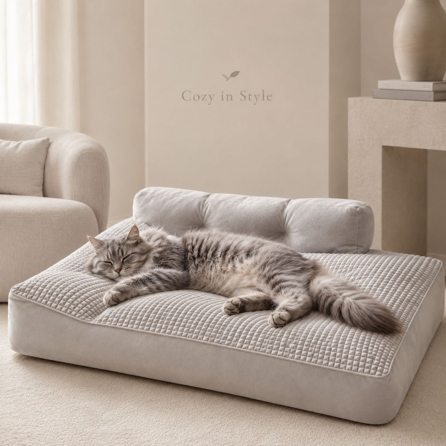 Large Grey Washable Pet Bed for Dogs and Cats, Soft Quilted Sofa Mat with Raised Backrest