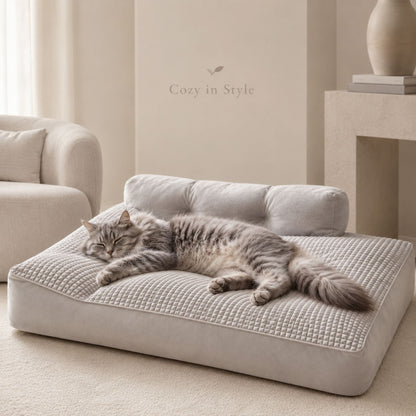 Large Grey Washable Pet Bed for Dogs and Cats, Soft Quilted Sofa Mat with Raised Backrest