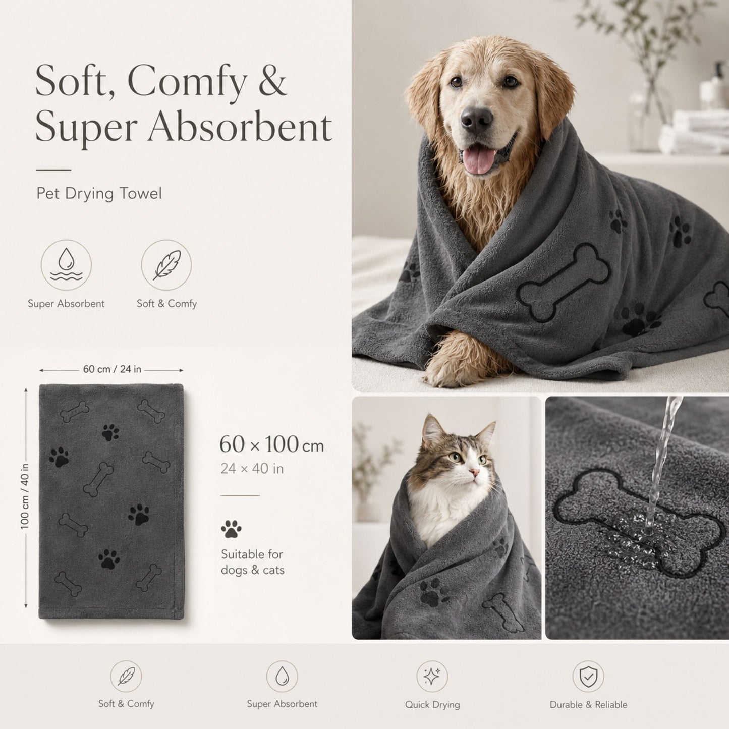 Microfiber Towel for Dogs and Cats, Quick-Drying Absorbent Pet Bath Towel (1 PC)
