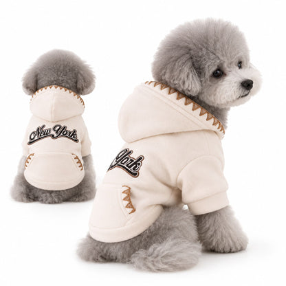 New York Embroidered Dog Hoodie – Cream Sweatshirt for Small Dogs