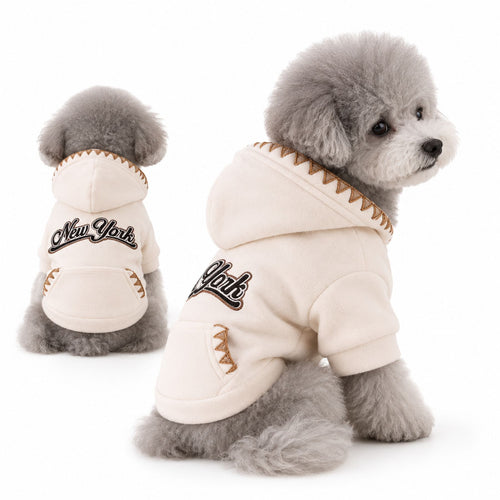 New York Embroidered Dog Hoodie – Cream Sweatshirt for Small Dogs