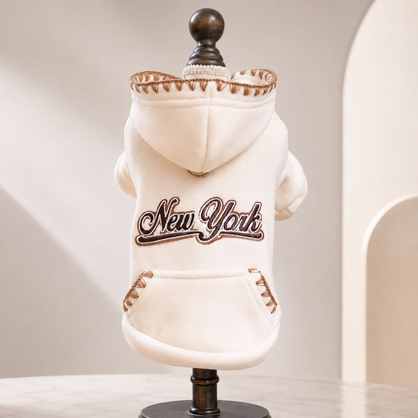 New York Embroidered Dog Hoodie – Cream Sweatshirt for Small Dogs