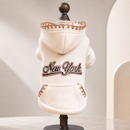New York Embroidered Dog Hoodie – Cream Sweatshirt for Small Dogs