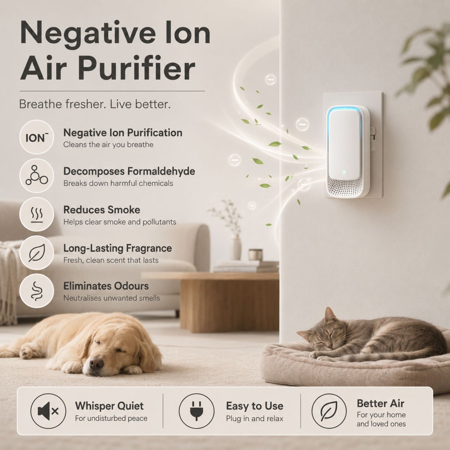 4 Pack Plug In Negative Ion Air Purifier – Mini Air Freshener Deodorizer for Pet Areas, Kitchen, Bathroom and Small Rooms