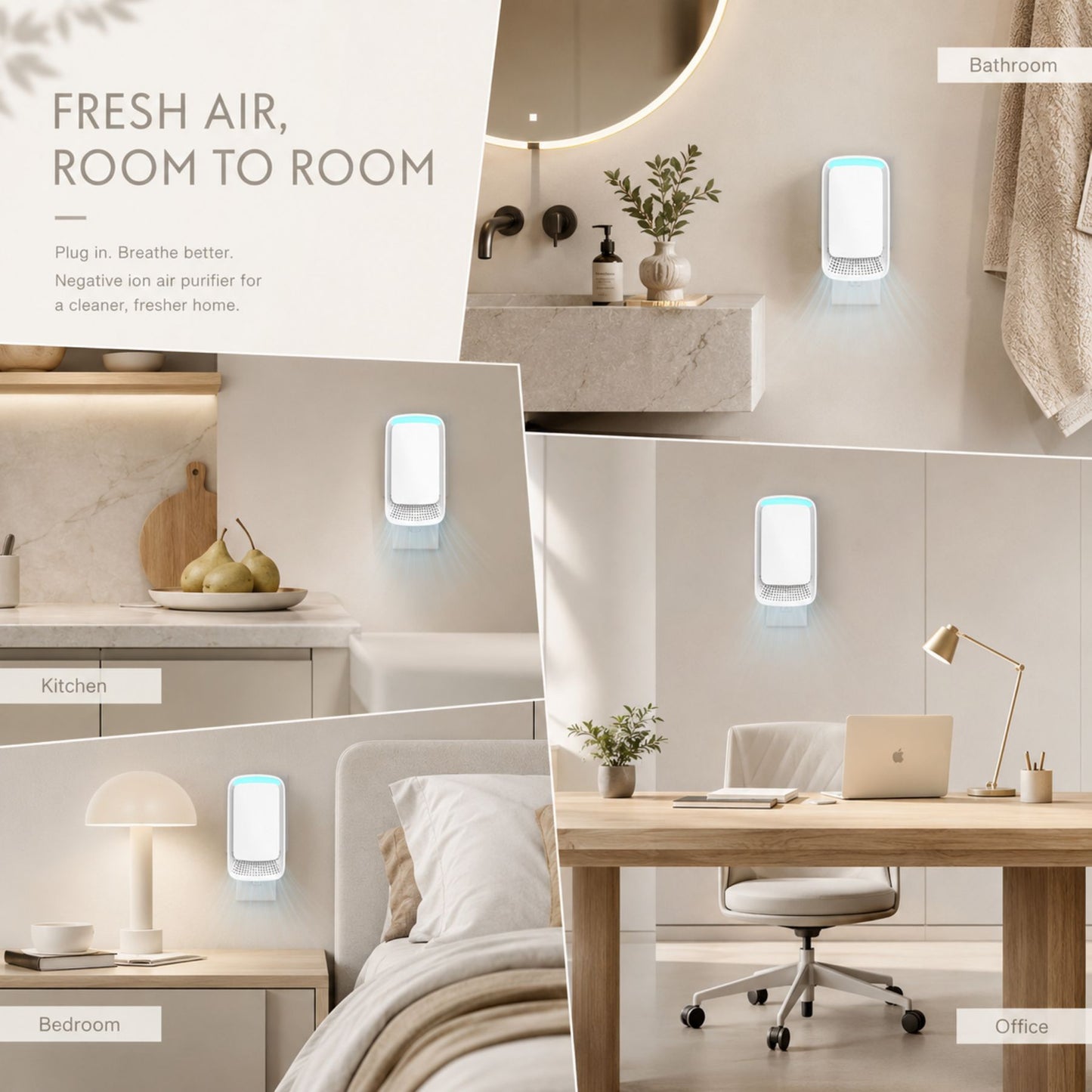 4 Pack Plug In Negative Ion Air Purifier – Mini Air Freshener Deodorizer for Pet Areas, Kitchen, Bathroom and Small Rooms