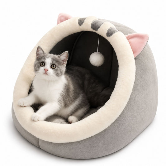 Plush Cat Cave Bed with Hanging Toy for Cats and Small Dogs