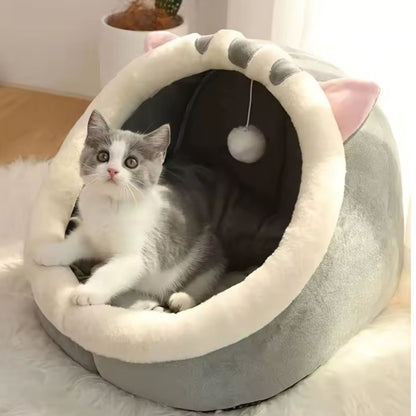 Plush Cat Cave Bed with Hanging Toy for Cats and Small Dogs