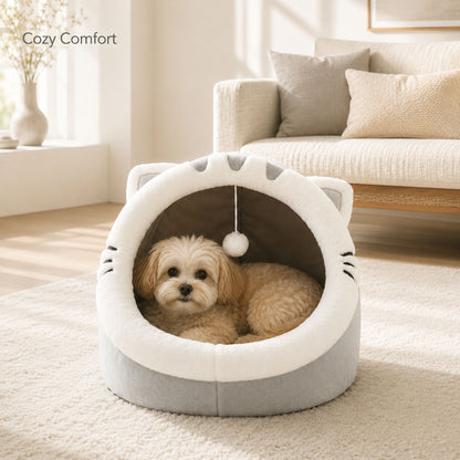 Plush Cat Cave Bed with Hanging Toy for Cats and Small Dogs