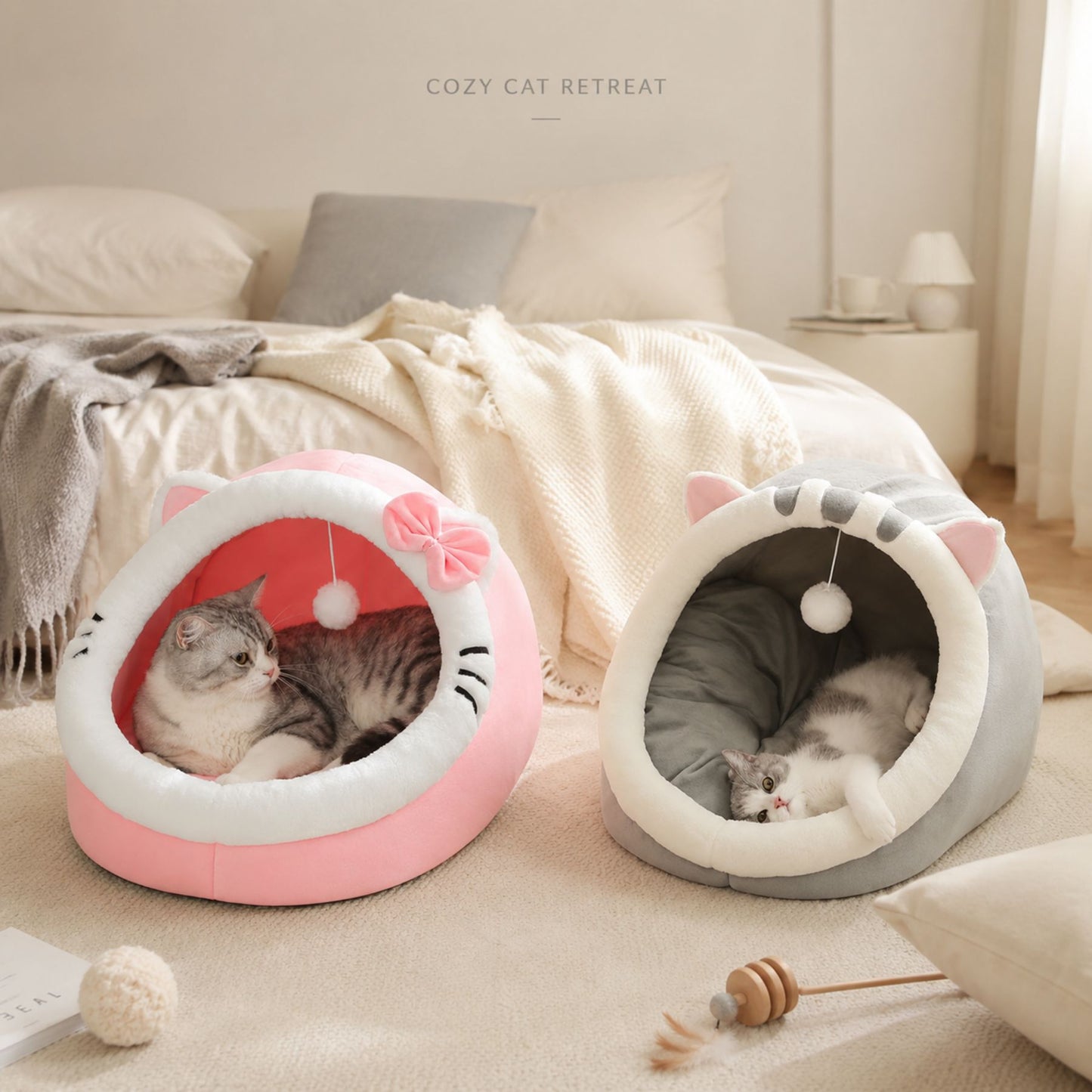 Plush Cat Cave Bed with Hanging Toy for Cats and Small Dogs