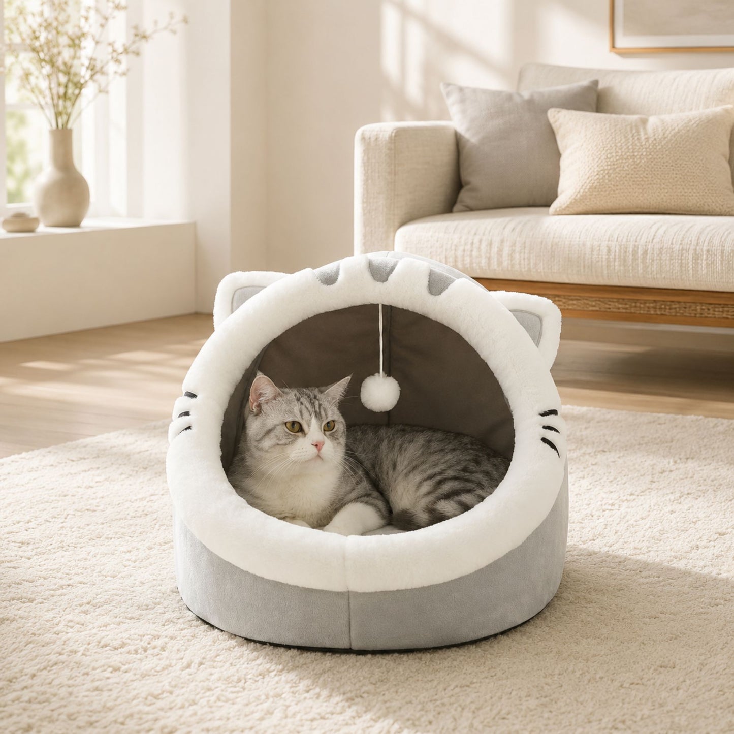 Plush Cat Cave Bed with Hanging Toy for Cats and Small Dogs
