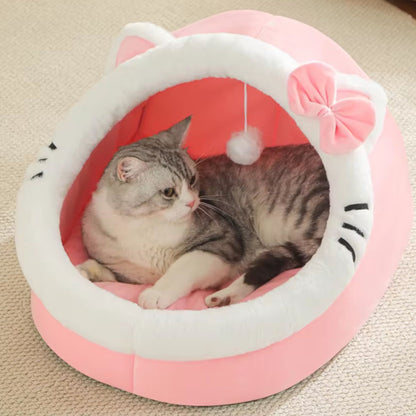 Plush Cat Cave Bed with Hanging Toy for Cats and Small Dogs