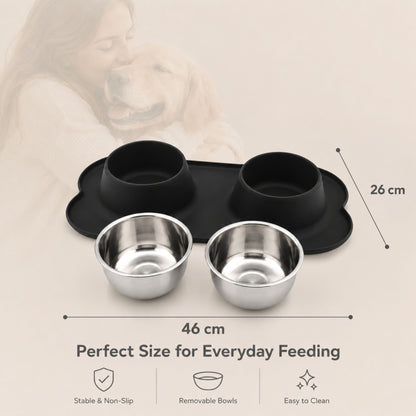 Premium Non-Slip Double Dog & Cat Bowl with Silicone Mat and Removable Stainless Steel Bowls – Food & Water Feeding Station