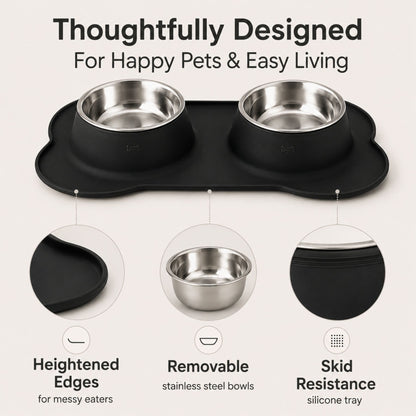 Premium Non-Slip Double Dog & Cat Bowl with Silicone Mat and Removable Stainless Steel Bowls – Food & Water Feeding Station