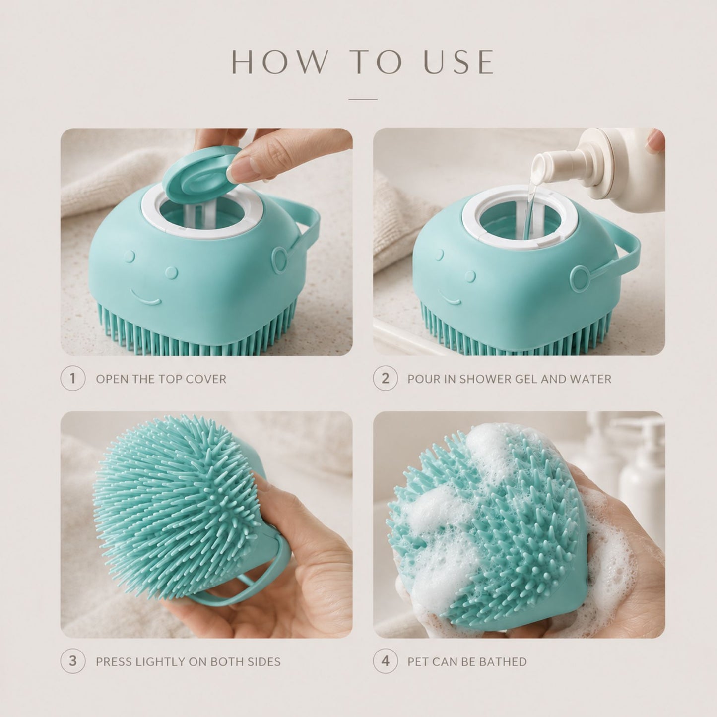 Silicone Pet Bath Massage Brush & Shampoo Dispenser for Dogs & Cats