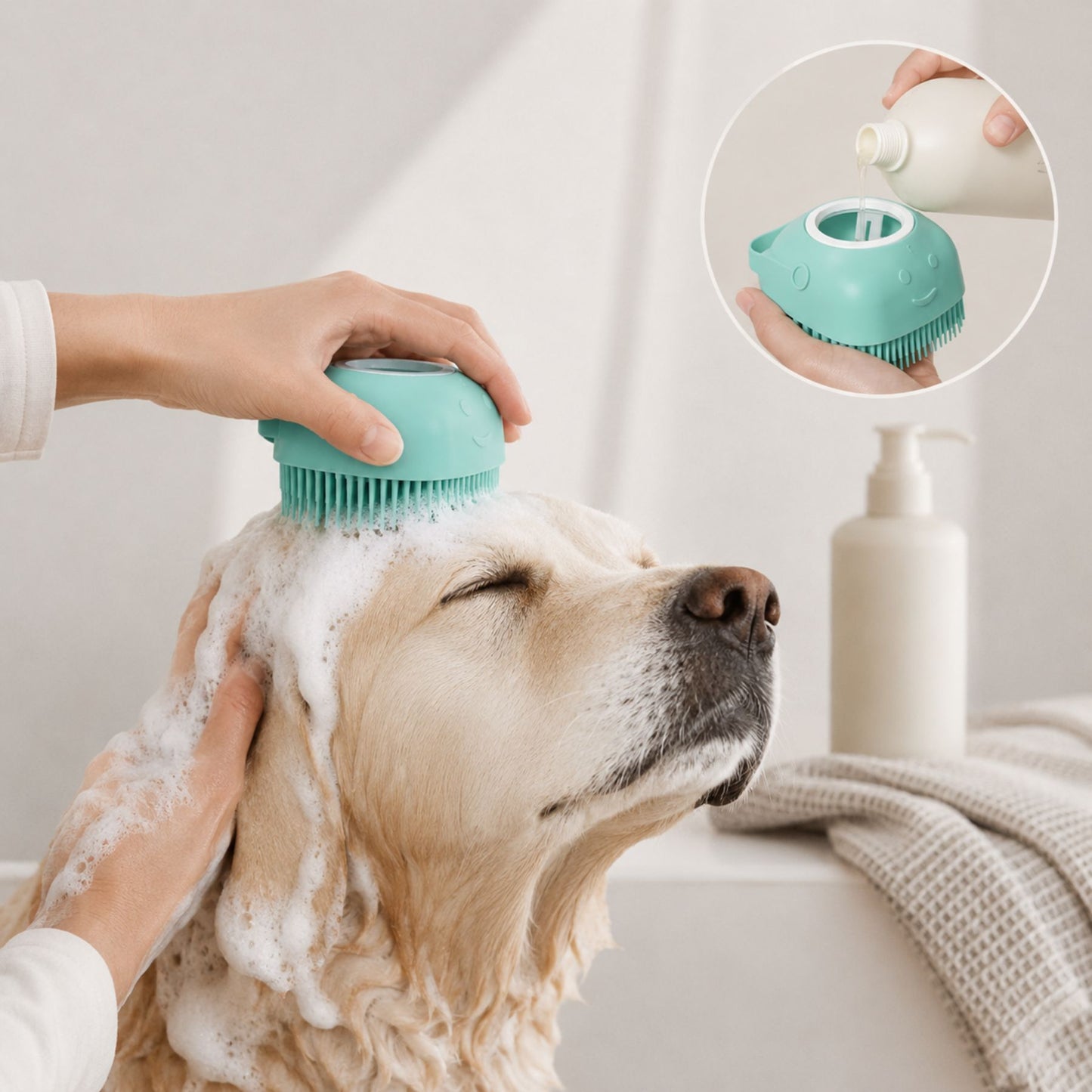 Silicone Pet Bath Massage Brush & Shampoo Dispenser for Dogs & Cats