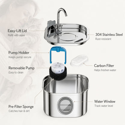 Stainless Steel Pet Water Fountain for Cats and Small Dogs, 3.2L/108oz with Transparent Water Window and Filter System