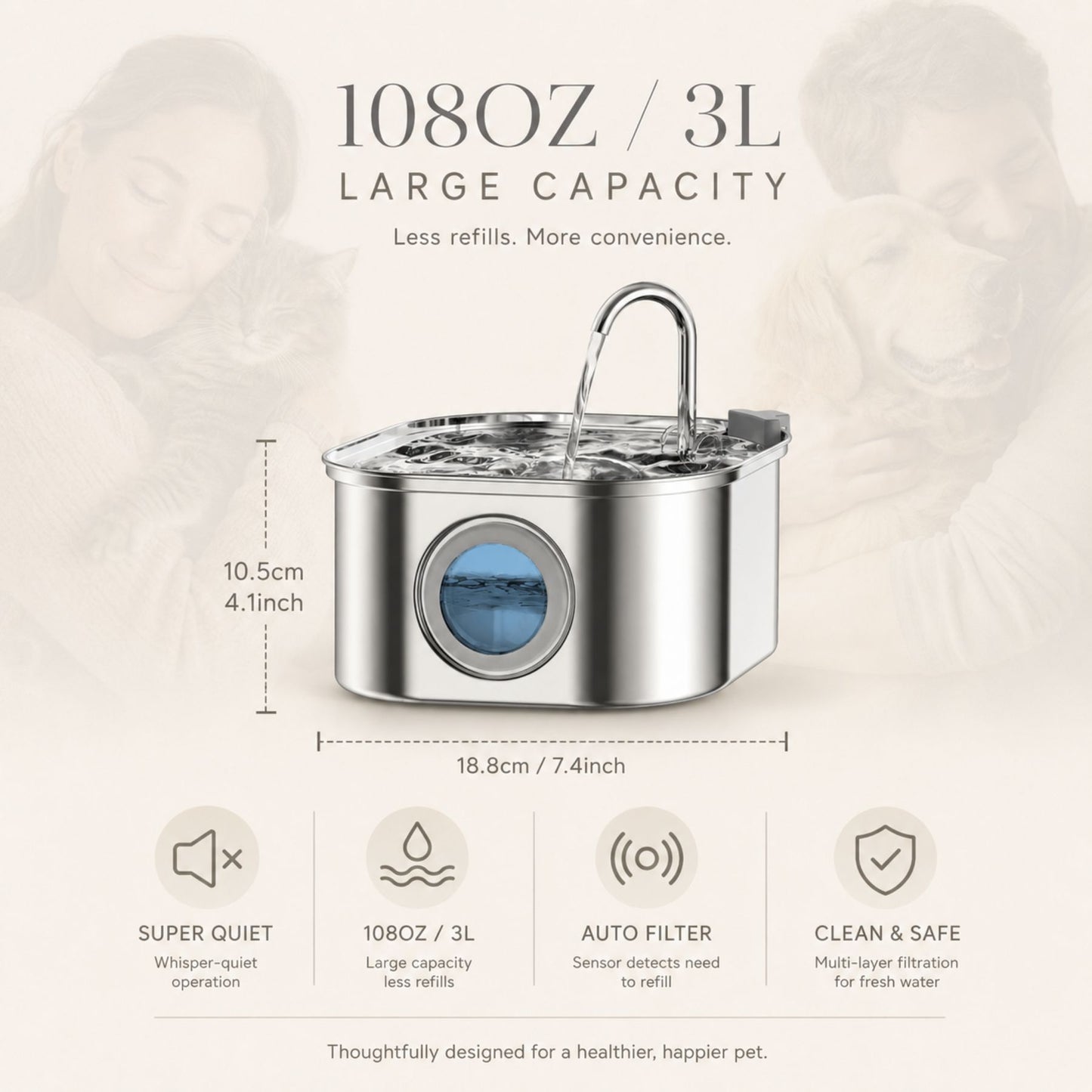 Stainless Steel Pet Water Fountain for Cats and Small Dogs, 3.2L/108oz with Transparent Water Window and Filter System