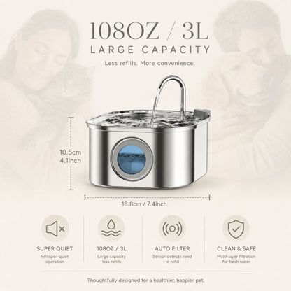 Stainless Steel Pet Water Fountain for Cats and Small Dogs, 3.2L/108oz with Transparent Water Window and Filter System