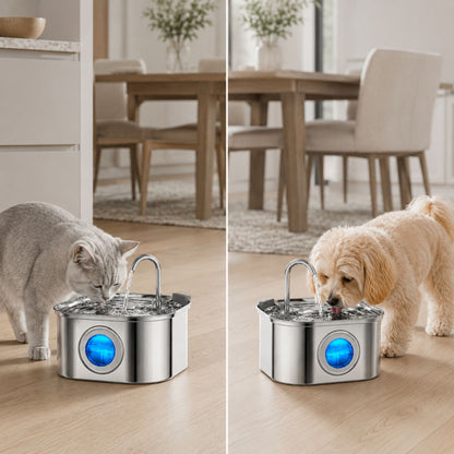 Stainless Steel Pet Water Fountain for Cats and Small Dogs, 3.2L/108oz with Transparent Water Window and Filter System