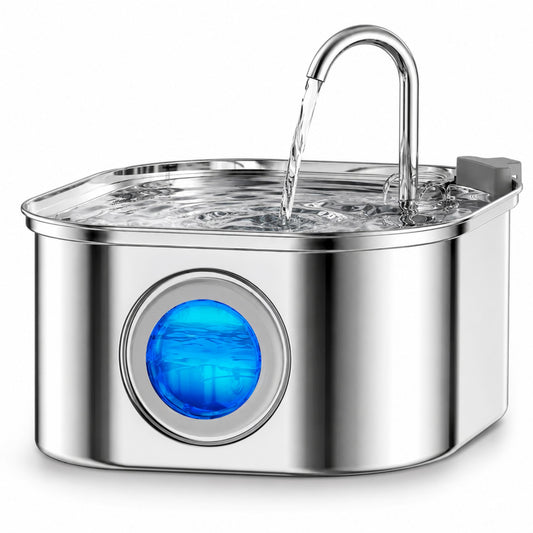 Stainless Steel Pet Water Fountain for Cats and Small Dogs, 3.2L/108oz with Transparent Water Window and Filter System